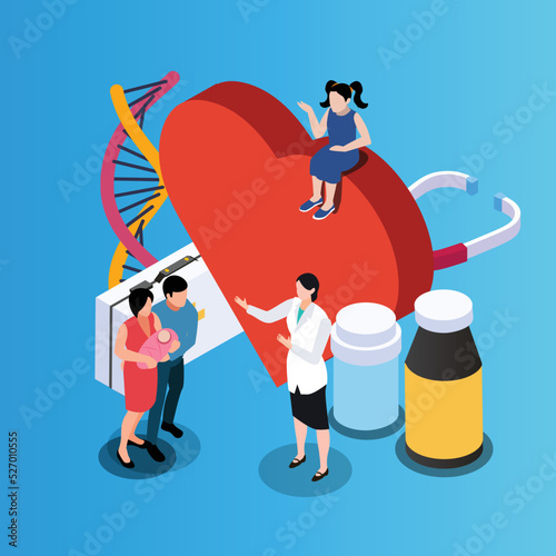 Parents and their infants with pediatrician isometric 3d vector illustration concept for banner, website, illustration, landing page, flyer, etc.