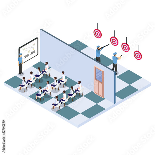 Shooting practice for police officers isometric 3d vector illustration concept for banner, website, illustration, landing page, flyer, etc.