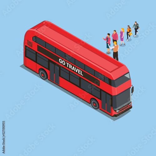 People go on the red tourist bus isometric 3d vector illustration concept for banner, website, illustration, landing page, flyer, etc.