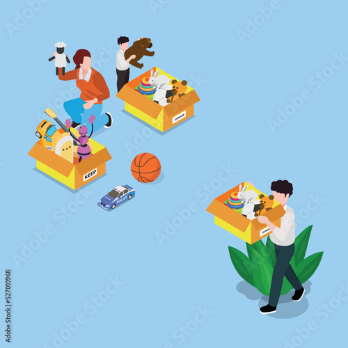 Father and mother help their son sorting his toys into donation and keep boxes isometric 3d vector illustration concept for banner, website, illustration, landing page, flyer, etc.