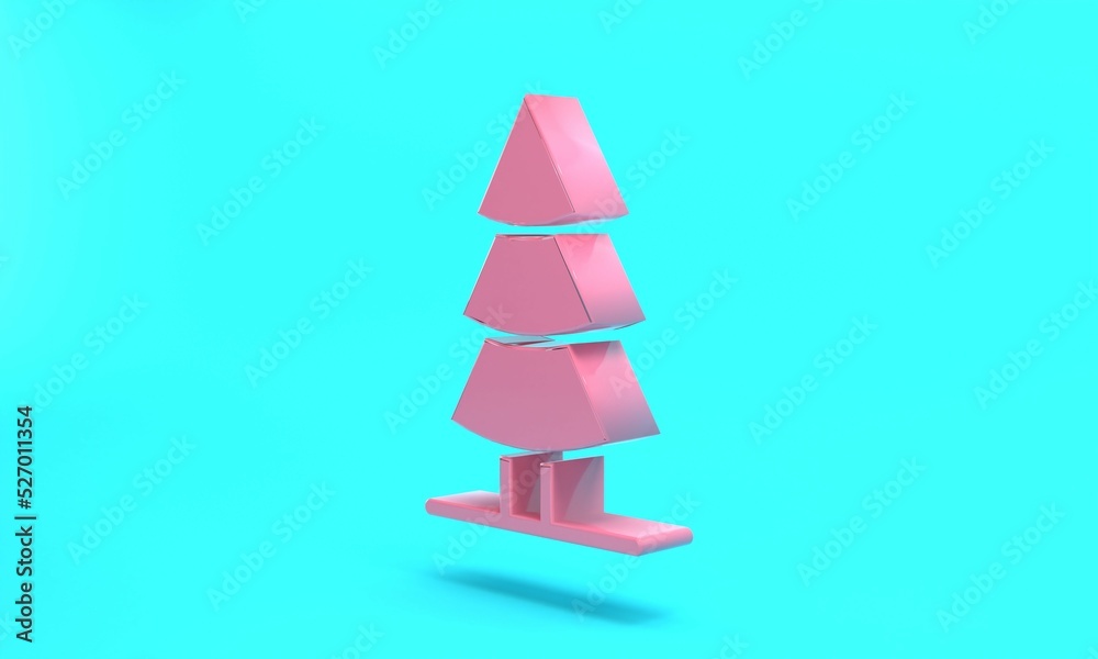 Pink Christmas tree icon isolated on turquoise blue background. Merry Christmas and Happy New Year. Minimalism concept. 3D render illustration Pink Christmas tree icon isolated on turquoise blue background. Merry Christmas and Happy New Year. Minimalism concept. 3D render illustration