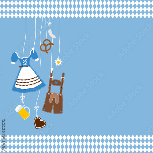 Links Hängende Oktoberfest Symbole Blau Braun Bordüre Rautenmuster Blauer Hintergrund