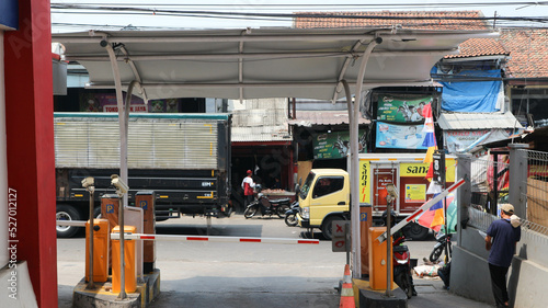 Bandung, Indonesia - August, 30 2022 : Entrance gate to underground garage parking lot