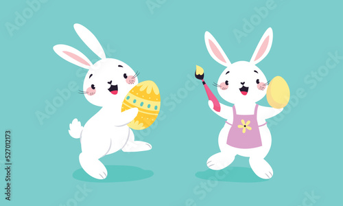 White Easter Bunny Painting Colorful Egg with Brush on Blue Background Vector Set