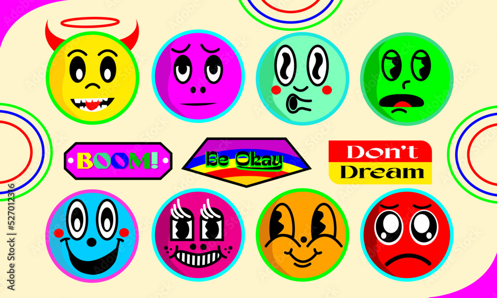 Obraz premium Ilustration vektor graphic of Sticker Emoticon and Label Teks. Prefect for Printing, Media Social, and etc.