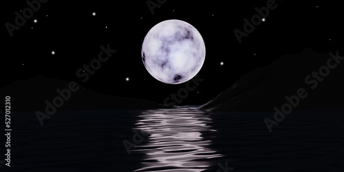 The super full moonlight with small stars and mountains on The dark night Ocean and reflection on water waves. The moon 3d rendering background illustration, Welcome to Halloween day.