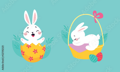 White Easter Bunny in Basket and Peeking Out From Colorful Egg on Blue Background Vector Set