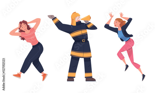 Fire Emergency with Firefighter Warning People with Megaphone Vector Set