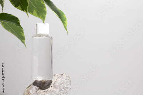 Cosmetic bottle with tonic water on stone stand with branch ficus on grey background. Natural cosmetics concept, skin care product. Beauty concept for face body care
