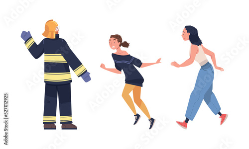 Fire Emergency with Firefighter Warning Woman of Danger Vector Set © topvectors