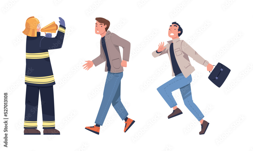 Fire Emergency with Firefighter Warning People with Megaphone Vector Set Fire Emergency with Firefighter Warning People with Megaphone Vector Set