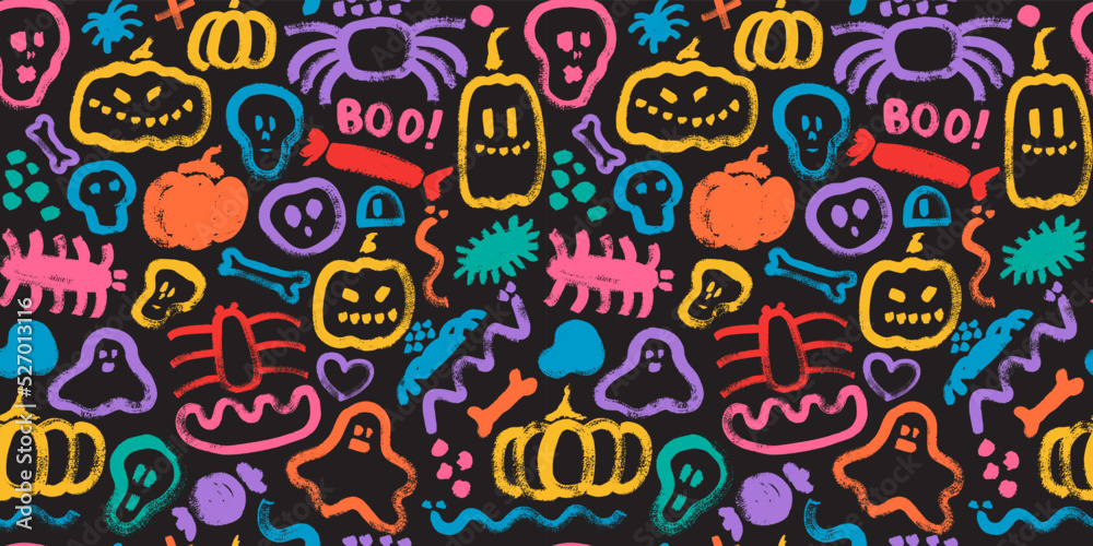 Naklejka premium Seamless pattern with hand painted Halloween creatures, pumpkins, spiders, ghosts. Cute creepy holiday characters. Endless spooky wallpaper, background.