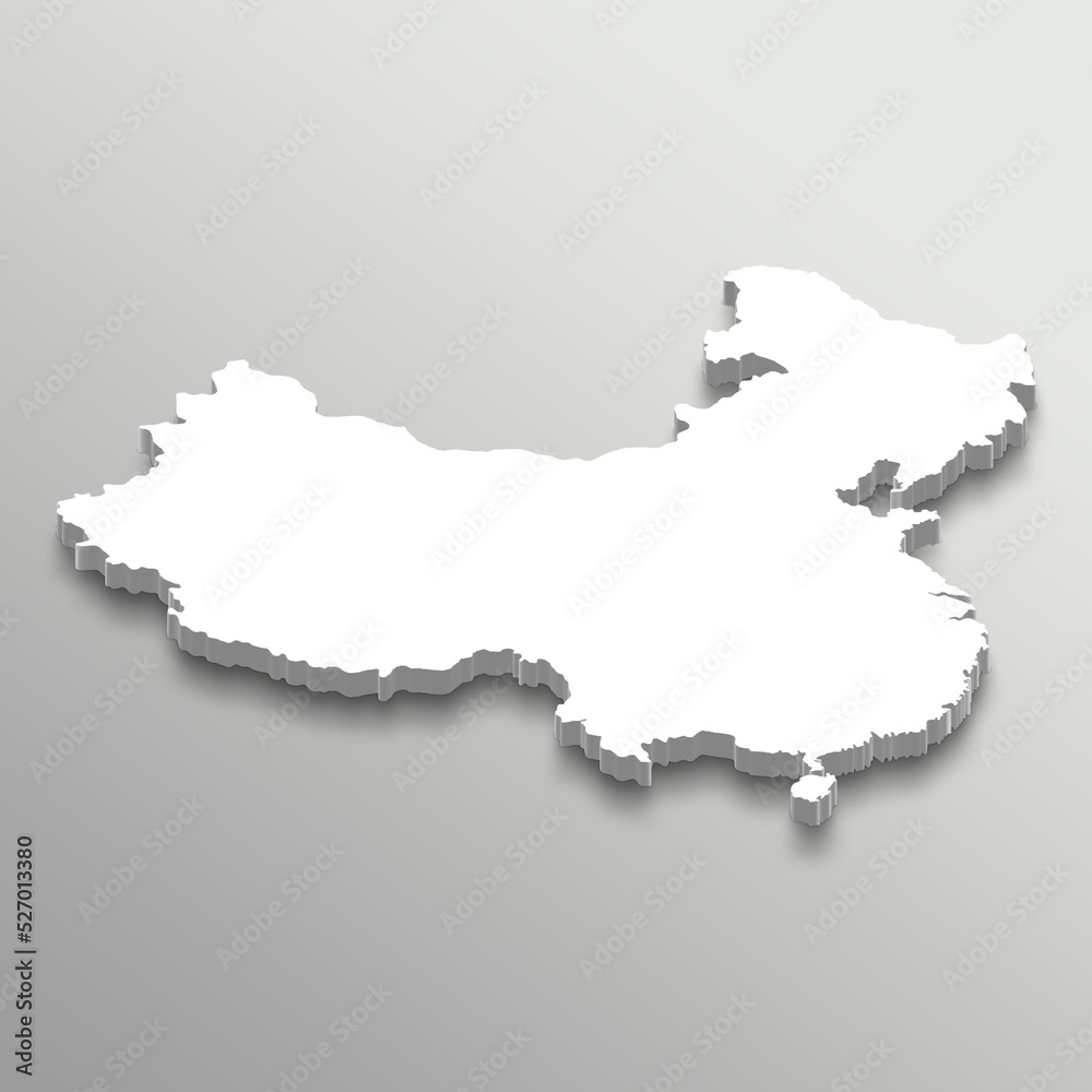 Illustration of 3d isometric white China map in white isolated background.