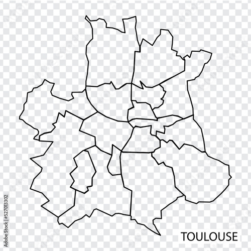 High Quality map of Toulouse is a city of France, with borders of the districts. Map of Toulouse for your web site design, app, UI. UK. Occitania. EPS10.