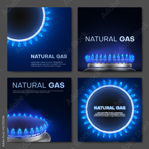Natural gas circle burning flame fuel blaze heat power energy poster set realistic vector