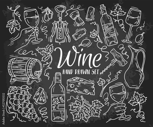 Wine and cheese vector hand drawn chalk set on the blackboard in Doodle sketch style. Linear icons for the menu of glasses, barrel, grapes and bottles.