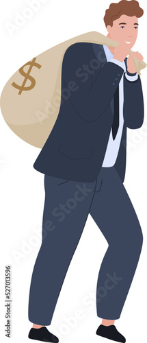 Business man carrying bag with cash money dollar profit lottery win salary vector flat illustration