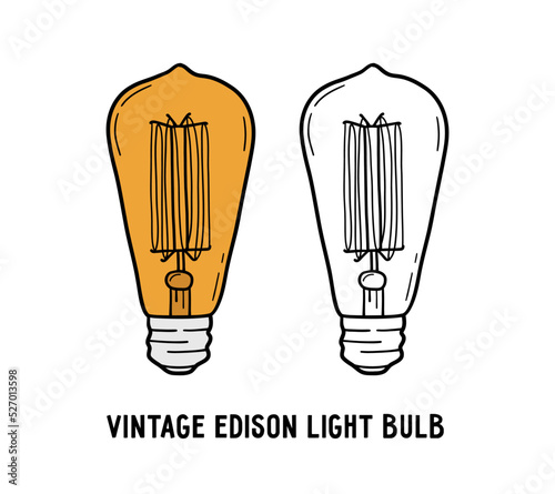 Filament incandescent lamp, vintage Edison light bulb with tungsten icon, vector linear illustration in doodle sketch hand drawn style
