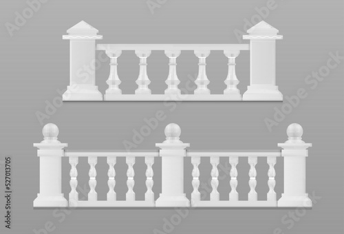 Marble balustrade white balcony railing handrails antique shape set realistic vector illustration