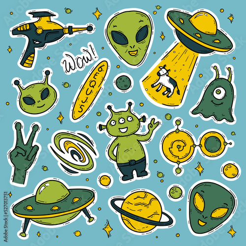 Aliens, unidentified flying object UFO vector doodle stickers set. Funny cartoon green creatures and martians in space. Cow abduction, blaster gun and crop circles on a blue background