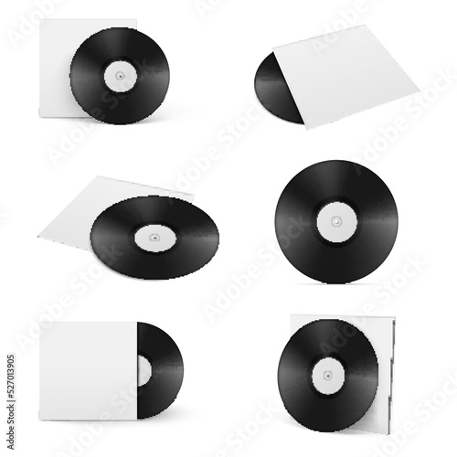 Vinyl records with case template vintage music disco entertainment set realistic vector illustration