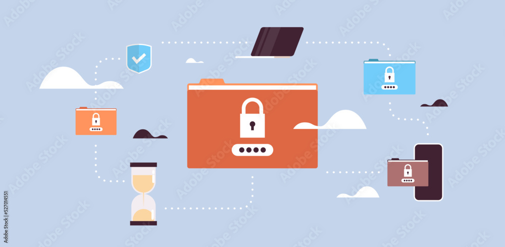 Data protection padlock security privacy database and folder password protect map internet mobile computer app concept horizontal flat vector illustration. Data protection padlock security privacy database and folder password protect map internet mobile computer app concept horizontal flat vector illustration.