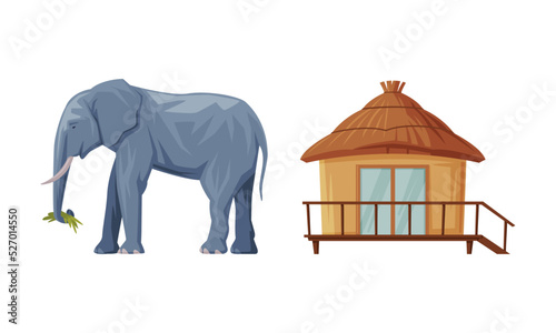 Hut or Cabin with Straw Roof and Huge Elephant Animal as Bali Traditional Cultural Attribute Vector Set