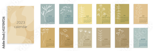 Calendar A4 2023 with minimal set of leaves and flowers, hand draw element of nature. Week start on sunday. Vector illustration