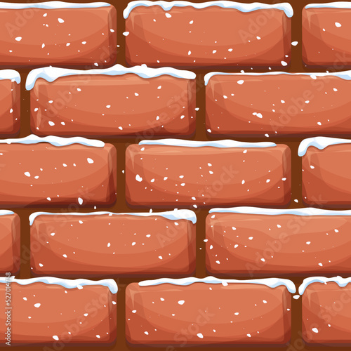 Brick wall with snow, stone bricks, rock surface in cartoon style, winter seamless background. Ui game asset, pavement or road. Textured and detailed.