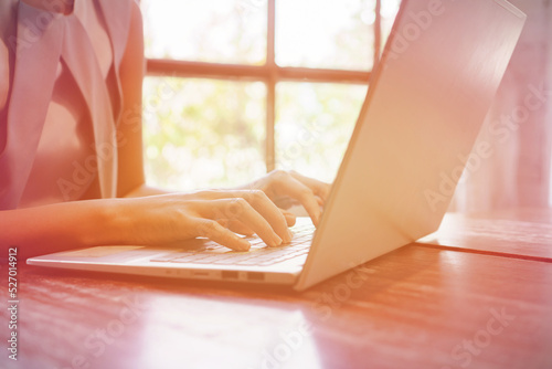 girl using laptop for working or browsing media on internet,cyberspace ad technology communication concept.gradient background