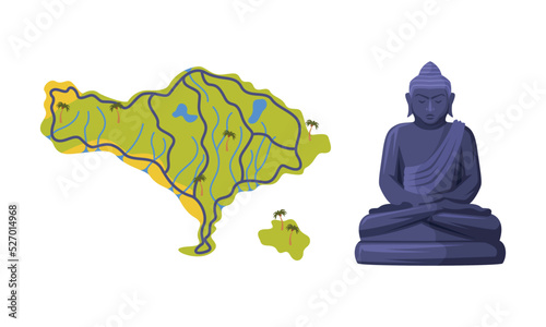 Map of Bali with Boundary and Buddha Stone Statue Vector Set