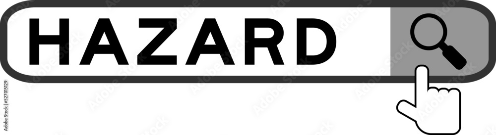 Search banner in word hazard with hand over magnifier icon on white background Search banner in word hazard with hand over magnifier icon on white background