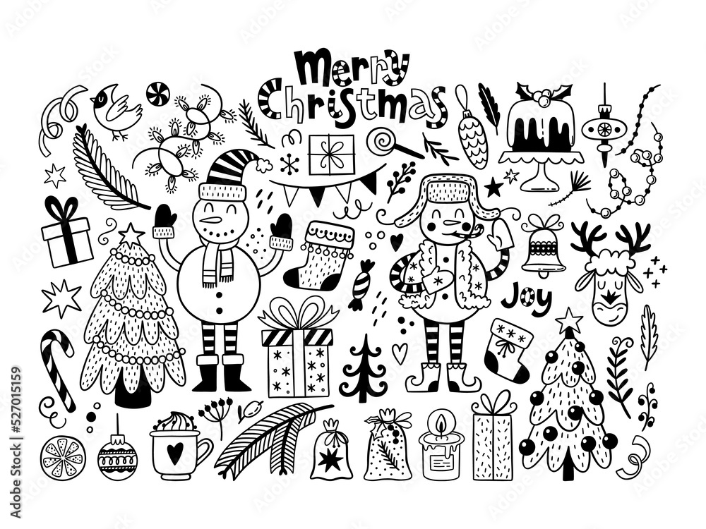 Christmas doodles vector set. Merry Christmas lettering. Hand drawn illustrations with traditional symbols. 