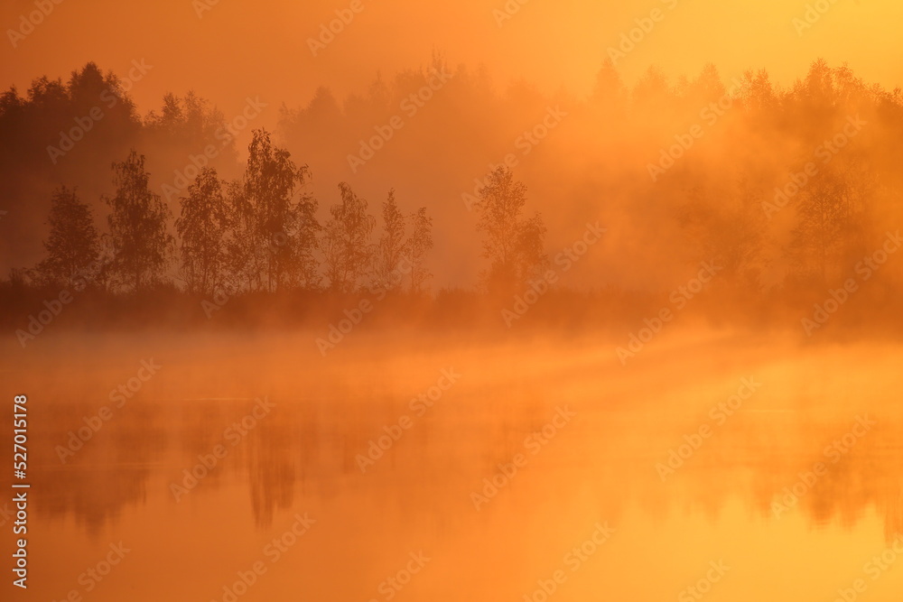 Landscape with fogs during sunrise at dawn with trees and river early in the morning Landscape with fogs during sunrise at dawn with trees and river early in the morning