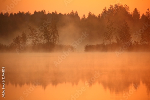 Landscape with fogs during sunrise at dawn with trees and river early in the morning