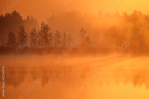 Landscape with fogs during sunrise at dawn with trees and river early in the morning