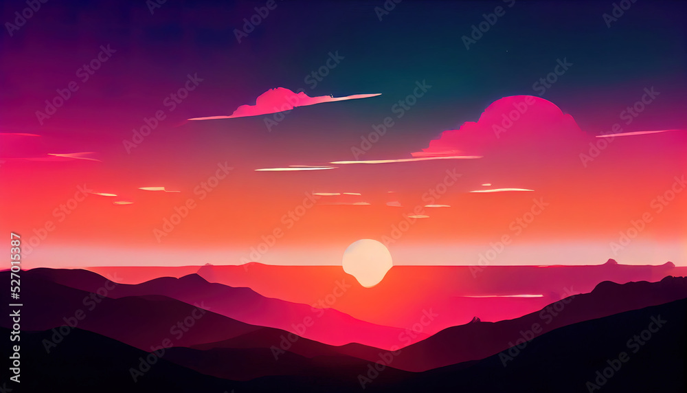 Beautiful red and orange sunset. Painting of a colorful sunrise