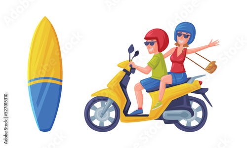 Man and Woman Driving Scooter or Motorbike on Bali and Surfboard Vector Set