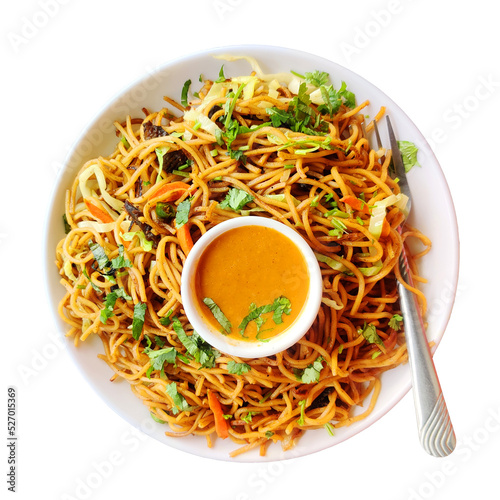 Chowmein on a Plate white background,Chinese noodles Chow mein.