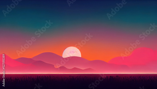 Beautiful red and orange sunset. Painting of a colorful sunrise. Drawing of a sky with clouds and the sun. Simple elegant background. Empty, sad, beautiful, happy feelings. Cartoon digital painting. 