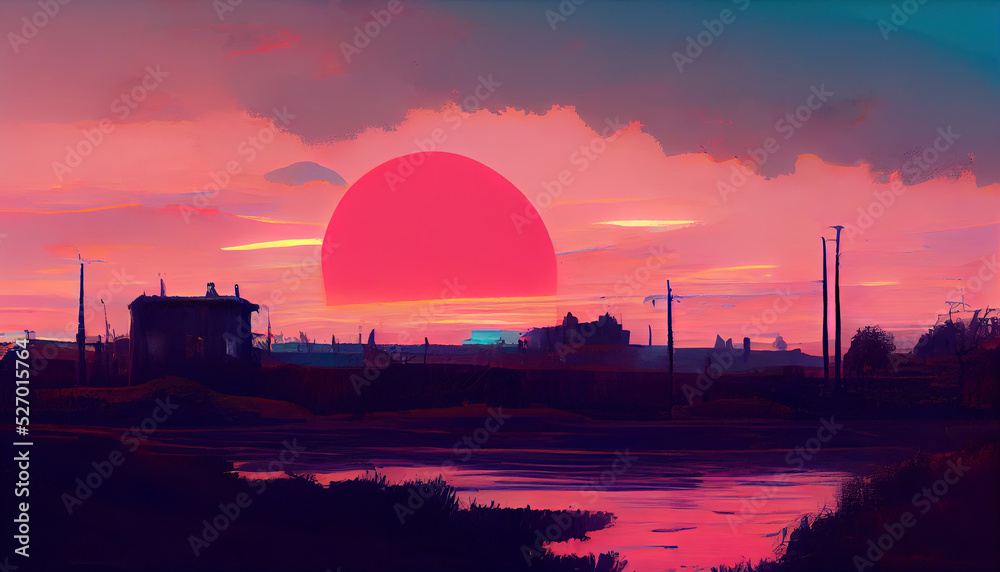 Sunset over a city. Digital painting, calm, soothing, relaxing beautiful landscape. Orange sunrise. Cartoon, anime drawing. Empty background. Sad, happy feeling.