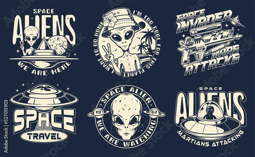 Aliens set monochrome posters vintage