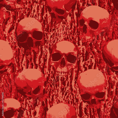 Seamless pattern with sinister human skulls on background of bloody human flesh. Monochrome vector background with realistic skulls and paint spots in grunge style. Graphic print for wallpaper