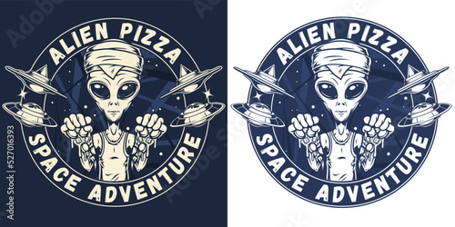 Alien pizza monochrome sticker vintage