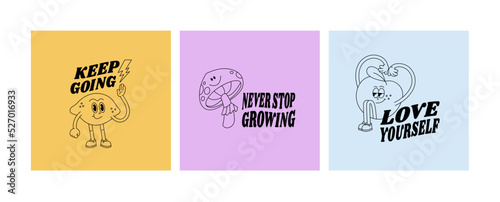 Vector illustration set of character- lemon, mushroom and peach with typography quote. Groovy stickers for print.