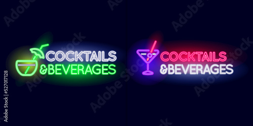 Cocktails and Beverages Neon light sign set. Vector illustration.