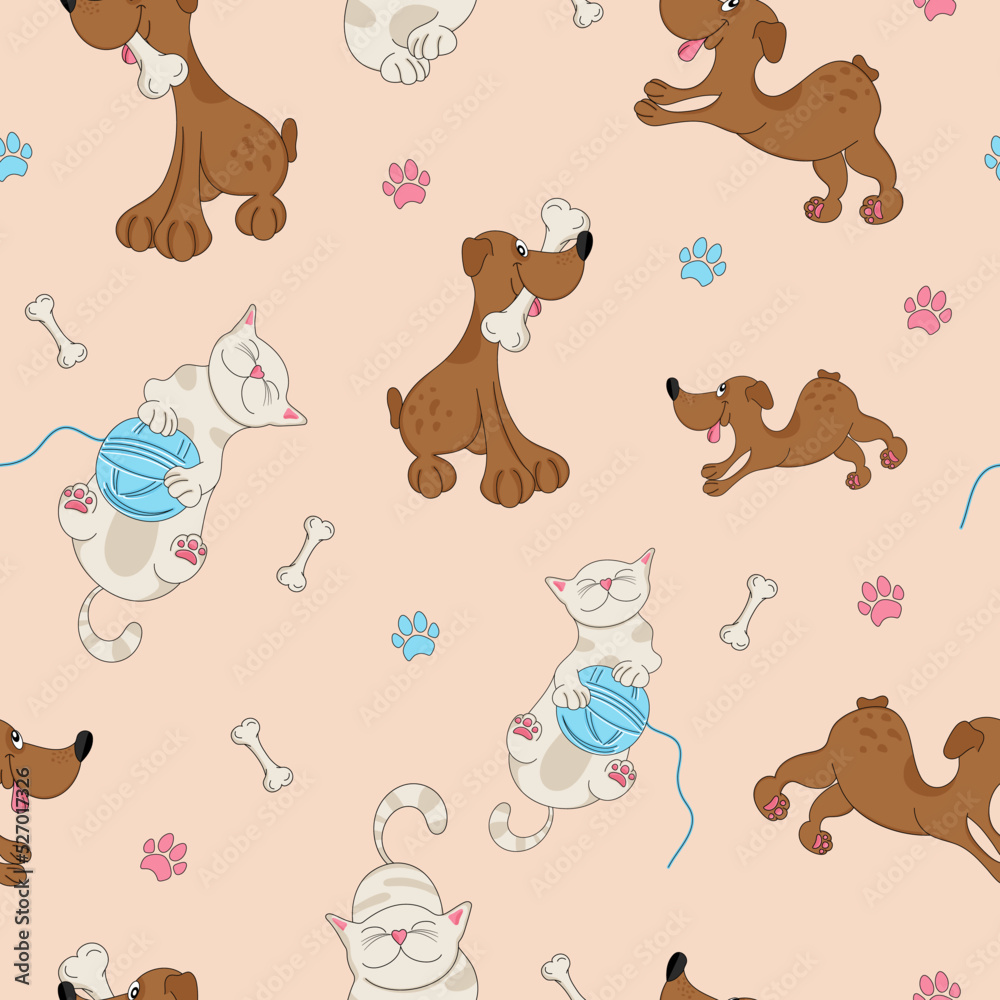 Cat and dog seamless pattern. Graphic design for children. Cartoon pets. Caricature. Ball of yarn, bone, treat and paws. Print, packaging template, textile, bed linen and wallpaper. Cat and dog seamless pattern. Graphic design for children. Cartoon pets. Caricature. Ball of yarn, bone, treat and paws. Print, packaging template, textile, bed linen and wallpaper.