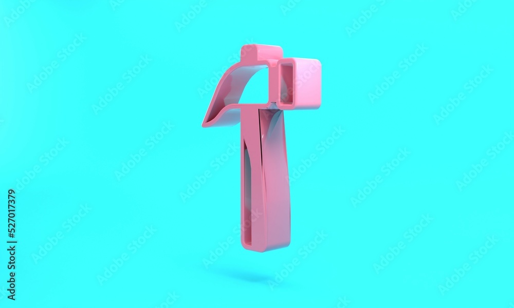 Pink Hammer icon isolated on turquoise blue background. Tool for repair. Minimalism concept. 3D render illustration Pink Hammer icon isolated on turquoise blue background. Tool for repair. Minimalism concept. 3D render illustration