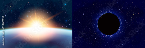 Vector Cosmology Illustration with Universe, Galaxy, Sun, Planets and Stars. Can be used for Invitation or Booklet. Futuristic view with Depth and Space Background