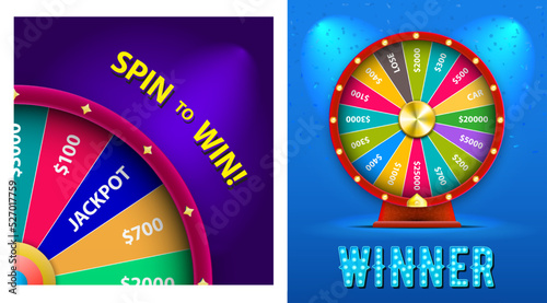 Set of Vector 3D Spinning Fortune Wheel, Realistic Style Lucky Roulette Illustration